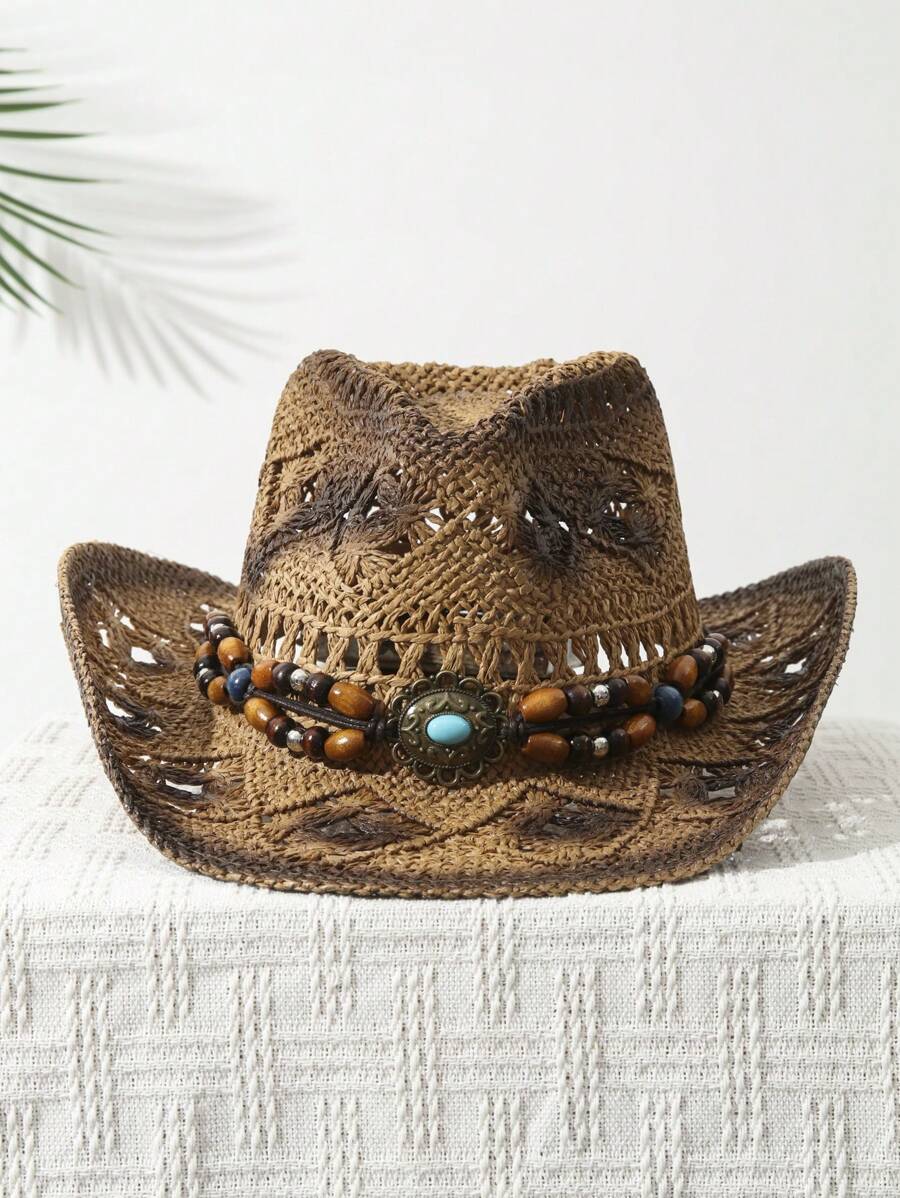 Cowboy Hat Straw - 1개입 유니섹스 비즈 장식 염색 와이드