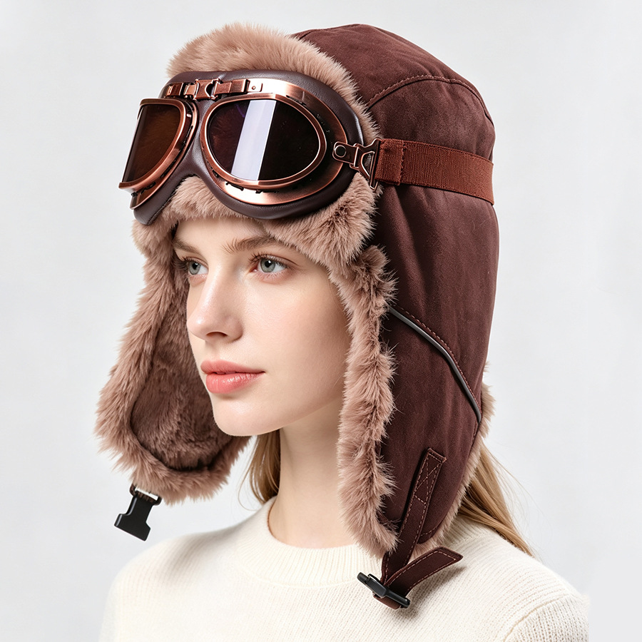Winter Trapper Hat - 빈티지 파일럿 모자, 고글 포함, 두꺼운