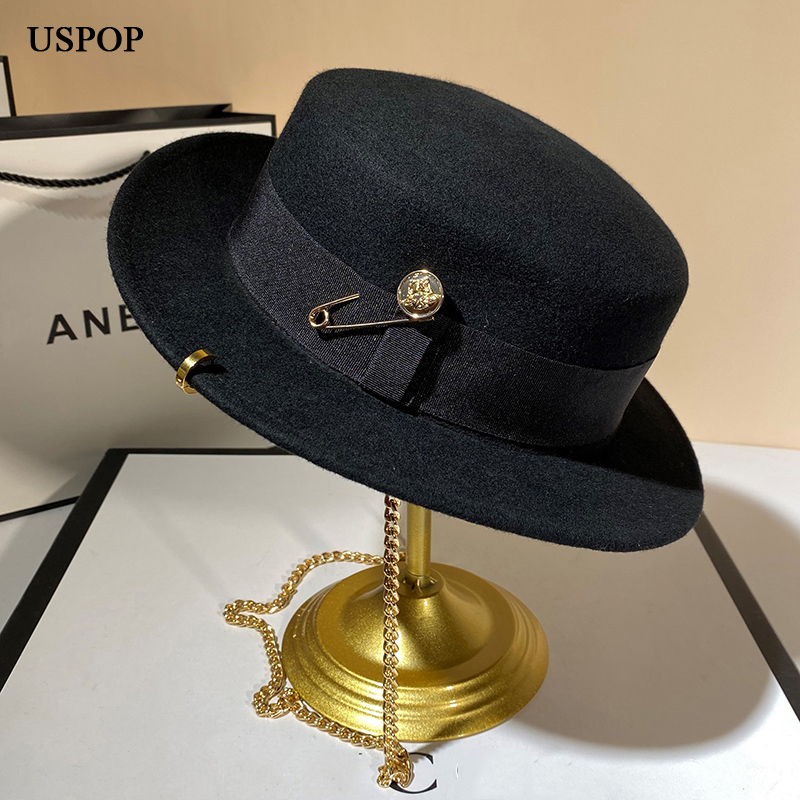 USPOP-새로운 겨울 모자 여성 블랙 메탈 체인 페도 - Fedora Hat Wool 리뷰 및 가격