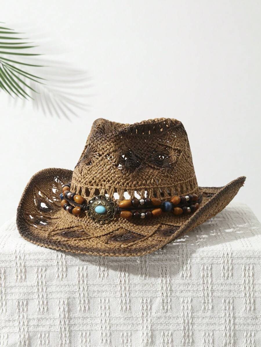 1개입 유니섹스 비즈 장식 염색 와이드 브림 프린트 카 - Cowboy Hat Straw 리뷰 및 가격