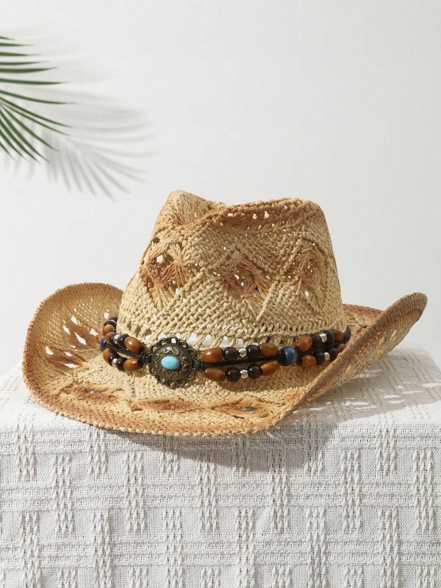 1개입 유니섹스 비즈 장식 염색 와이드 브림 프린트 카 - Cowboy Hat Straw 리뷰 및 가격